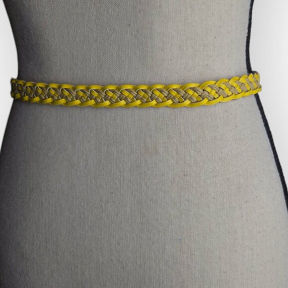 J. Crew Mustard Yellow & Tan Leather a Straw Antique Gold Buckle Skinny Belt S/M - Picture 5 of 6
